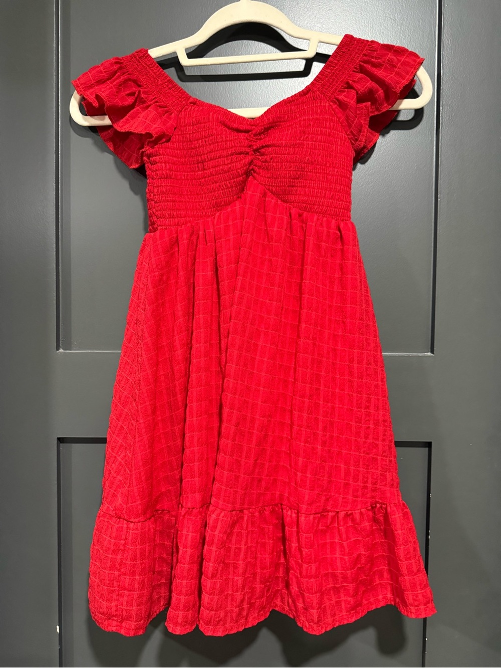 Girls' Red Smocked Ruffle Casual Dress